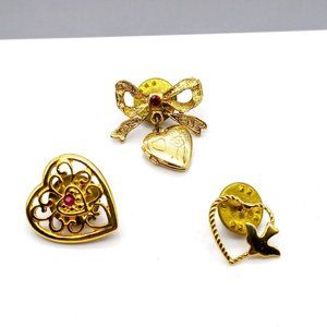 Vintage Tie Tack Bundle, Gold Tone Hearts Lot, Classic Trio of Men's Accessories